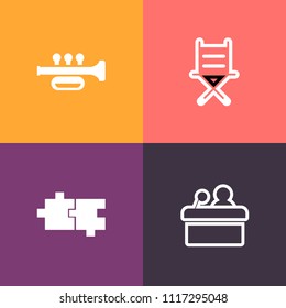 Modern, simple vector icon set on colorful background with instrument, classical, conference, shape, armchair, comfortable, professional, lecture, chair, hall, seat, sign, object, speaker, music icons