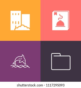 Modern, simple vector icon set on colorful background with jump, animal, dolphin, marine, house, home, nature, ocean, estate, city, white, wildlife, construction, blank, architecture, business icons