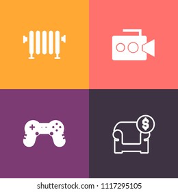 Modern, simple vector icon set on colorful background with radiator, energy, professional, tag, button, controller, electric, sale, business, couch, comfortable, discount, water, furniture, sofa icons