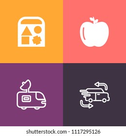 Modern, simple vector icon set on colorful background with leaf, green, truck, tv, red, nature, service, transportation, shipping, apple, technology, equipment, fresh, sweet, child, satellite icons