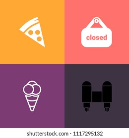 Modern, simple vector icon set on colorful background with restaurant, business, shop, sign, galaxy, pepperoni, door, science, satellite, space, dinner, fast, cream, sky, hanging, retail, meal icons