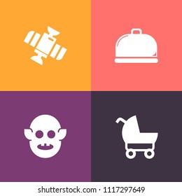 Modern, simple vector icon set on colorful background with character, food, kitchen, restaurant, wheel, orbit, mother, background, star, plate, kid, science, child, baby, technology, monster icons