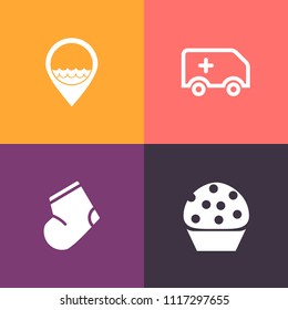 Modern, simple vector icon set on colorful background with urgent, work, rescue, warm, job, help, city, business, doughnut, dessert, winter, transport, transportation, ambulance, person, striped icons