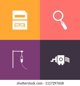 Modern, simple vector icon set on colorful background with care, meat, glass, look, healthy, computer, diet, technology, information, folder, health, kitchen, save, cooking, lens, zoom, file icons