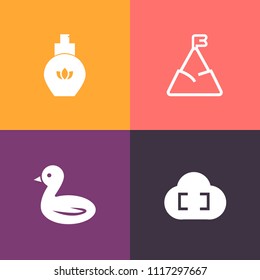 Modern, simple vector icon set on colorful background with bottle, top, hill, romantic, scent, bird, aroma, chain, landscape, luxury, network, spray, product, nature, internet, travel, beauty icons