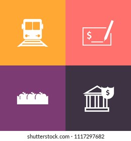 Modern, simple vector icon set on colorful background with railroad, road, coin, transportation, natural, financial, bank, currency, business, fresh, finance, crate, checkbook, train, fruit, box icons