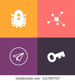 Modern, simple vector icon set on colorful background with home, email, alien, business, molecule, mail, safe, message, communication, character, technology, futuristic, research, door, monster icons