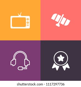 Modern, simple vector icon set on colorful background with exploration, audio, microphone, first, international, achievement, center, victory, shuttle, entertainment, best, technology, headset icons