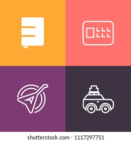 Modern, simple vector icon set on colorful background with journey, transportation, string, road, art, folk, object, car, bag, vacation, background, note, system, storage, travel, musical, white icons
