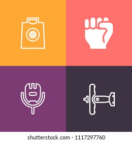 Modern, simple vector icon set on colorful background with gift, voice, studio, human, airplane, transportation, karaoke, fly, teamwork, hand, buy, concept, shopping, sale, people, sound, finger icons