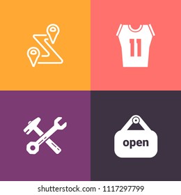 Modern, simple vector icon set on colorful background with door, shop, shirt, work, tool, gps, game, construction, banner, basket, basketball, route, metal, open, market, pointer, pliers, store icons