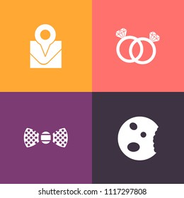 Modern, simple vector icon set on colorful background with travel, navigation, cupcake, cake, wedding, proposal, pastry, pin, bread, marker, positioning, ring, romance, diamond, relationship icons