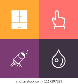 Modern, simple vector icon set on colorful background with home, clean, touch, dew, watching, wardrobe, droplet, click, black, space, astronomy, sign, galaxy, night, blue, cursor, telescope, sky icons