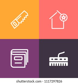 Modern, simple vector icon set on colorful background with residential, literature, keyboard, estate, bookstore, web, learning, black, background, equipment, tool, saw, library, musical, repair icons