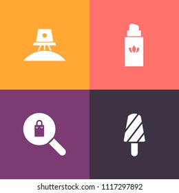 Modern, simple vector icon set on colorful background with planet, exploration, cream, store, ice, product, spray, smell, orbit, lolly, luxury, space, clothing, female, perfume, universe, bottle icons