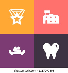 Modern, simple vector icon set on colorful background with fashion, object, architecture, broken, office, clothing, dentistry, cap, trophy, baseball, health, hotel, achievement, prize, success icons