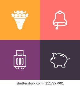 Modern, simple vector icon set on colorful background with coin, flower, bunch, journey, economy, summer, plant, sign, alarm, hand, floral, travel, finance, luggage, bell, bank, airport, money icons