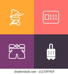 Modern, simple vector icon set on colorful background with fire, transportation, grilled, grill, lock, short, protection, meal, terminal, system, hot, airport, fashion, baggage, white, bank, bag icons