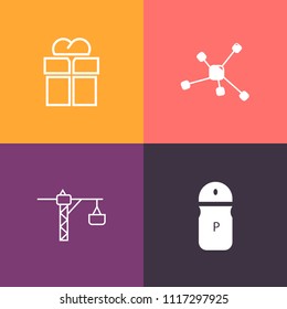 Modern, simple vector icon set on colorful background with pepper, cuisine, building, seasoning, atom, saw, fresh, research, ingredient, kitchen, collection, spice, celebration, equipment, happy icons