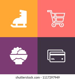 Modern, simple vector icon set on colorful background with store, shop, paying, skate, plastic, ice, raw, activity, financial, seed, banking, figure, healthy, shoe, money, currency, trolley, fun icons
