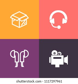 Modern, simple vector icon set on colorful background with house, focus, technology, record, cardboard, headphone, studio, speaker, box, shipping, camera, dj, television, headset, digital, movie icons