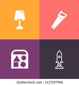 Modern, simple vector icon set on colorful background with rocket, spacecraft, spaceship, electric, industry, saw, craft, decoration, sky, shuttle, ball, home, equipment, object, modern, duck icons