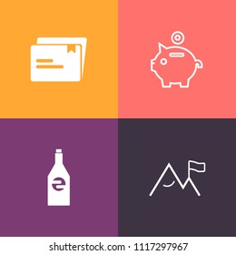 Modern, simple vector icon set on colorful background with piggy, investment, label, cash, currency, clean, nature, internet, glass, office, travel, economy, object, liquid, business, savings icons