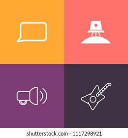 Modern, simple vector icon set on colorful background with message, science, space, talk, dialog, sign, exploration, megaphone, star, shape, technology, white, astronaut, background, concert icons