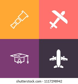 Modern, simple vector icon set on colorful background with dark, transport, graduation, hat, star, travel, achievement, commercial, flight, air, academic, nebula, cap, university, college, fly icons
