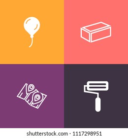 Modern, simple vector icon set on colorful background with brick, surprise, home, helium, wall, balloon, celebrate, location, gift, city, gps, travel, roll, navigation, house, place, color, air icons