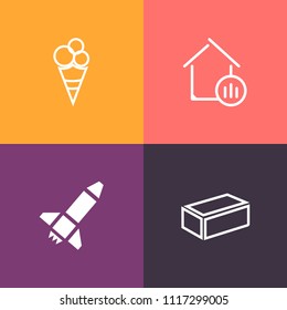 Modern, simple vector icon set on colorful background with price, vanilla, property, market, finance, cone, business, rocket, material, chocolate, ice-cream, shuttle, technology, block, science icons