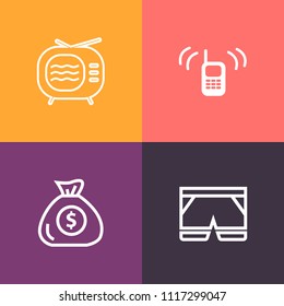 Modern, simple vector icon set on colorful background with electric, bank, electronic, investment, tube, mobile, tv, clothing, screen, phone, contact, antenna, call, broadcast, sport, telephone icons