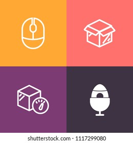 Modern, simple vector icon set on colorful background with surprise, white, cardboard, new, holiday, home, color, celebration, house, unpacking, mouse, season, container, internet, optical, pc icons