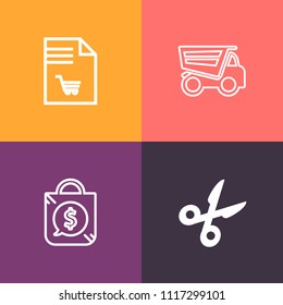 Modern, simple vector icon set on colorful background with machine, price, paper, transport, scissors, black, cargo, sign, white, checklist, shop, discount, market, tailor, note, grocery, truck icons