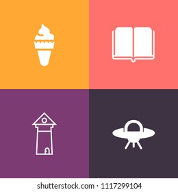 Modern, simple vector icon set on colorful background with galaxy, learning, cone, ice, sign, object, paper, dessert, icecream, vanilla, ufo, ice-cream, architecture, cream, paris, travel, tower icons