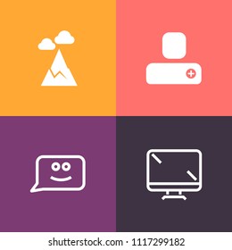 Modern, simple vector icon set on colorful background with hill, top, equipment, landscape, monitor, happy, rock, business, snow, mountain, nature, peak, user, white, view, social, lcd, digital icons