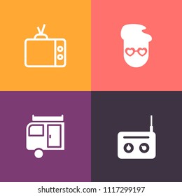 Modern, simple vector icon set on colorful background with recreational, display, sound, music, screen, camper, sign, travel, fashion, studio, vacation, equipment, video, communication, vintage icons