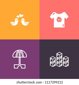 Modern, simple vector icon set on colorful background with boy, romance, cotton, beach, delivery, factory, cute, silhouette, bird, sun, storehouse, kid, newborn, animal, heart, warehouse, baby icons