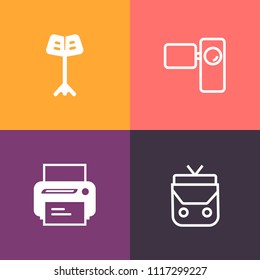 Modern, simple vector icon set on colorful background with orchestra, object, silhouette, film, music, printer, art, concert, handbag, camera, vintage, musician, handle, technology, machine, old icons