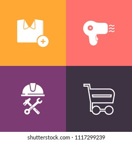 Modern, simple vector icon set on colorful background with dryer, cart, store, tshirt, shirt, barber, shop, work, sale, hairdresser, builder, fashion, male, hair, business, basket, add, cotton icons