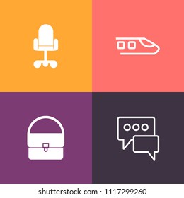 Modern, simple vector icon set on colorful background with work, chatting, silhouette, rail, bubble, collection, seat, modern, talk, purse, railway, fashion, transportation, journey, transport icons