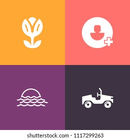 Modern, simple vector icon set on colorful background with add, leaf, sunrise, automotive, outdoor, landscape, floral, social, sunny, blossom, user, background, transportation, garden, account icons