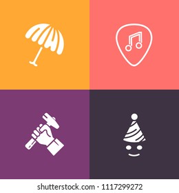 Modern, simple vector icon set on colorful background with holiday, umbrella, relaxation, construction, rock, foreman, celebration, protection, object, weather, party, parasol, season, costume icons
