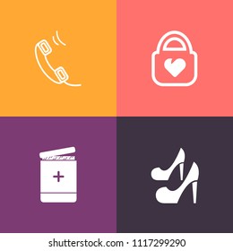 Modern, simple vector icon set on colorful background with contact, luggage, health, shoe, fashion, accessory, sign, heel, bag, elegant, style, leather, female, communication, travel, service icons