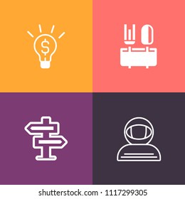 Modern, simple vector icon set on colorful background with hotel, dinner, lock, eat, cosmos, innovation, spoon, businessman, room, sign, hanger, bulb, lunch, idea, universe, disturb, dont, cafe icons