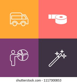 Modern, simple vector icon set on colorful background with miracle, transportation, wand, businesswoman, city, businessman, male, image, traffic, magician, seminar, roll, driveway, background icons