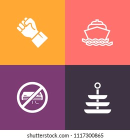 Modern, simple vector icon set on colorful background with no, connection, sea, water, human, lunch, blue, transport, people, ocean, boat, knife, kitchen, air, teamwork, motor, speed, background icons