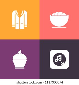 Modern, simple vector icon set on colorful background with object, melody, lunch, delicious, musical, jacket, sound, note, tableware, young, casual, woman, white, black, cooking, cake, dish, pie icons
