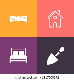 Modern, simple vector icon set on colorful background with estate, property, saw, bow, construction, exterior, double, real, men, pillow, hammer, tool, clothing, tie, residential, suit, hotel icons