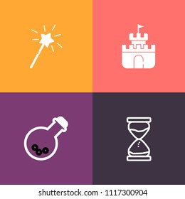 Modern, simple vector icon set on colorful background with imagination, medical, shovel, fun, timer, fantasy, science, stick, technology, sand, minute, hourglass, wand, medicine, magic, toy, dig icons